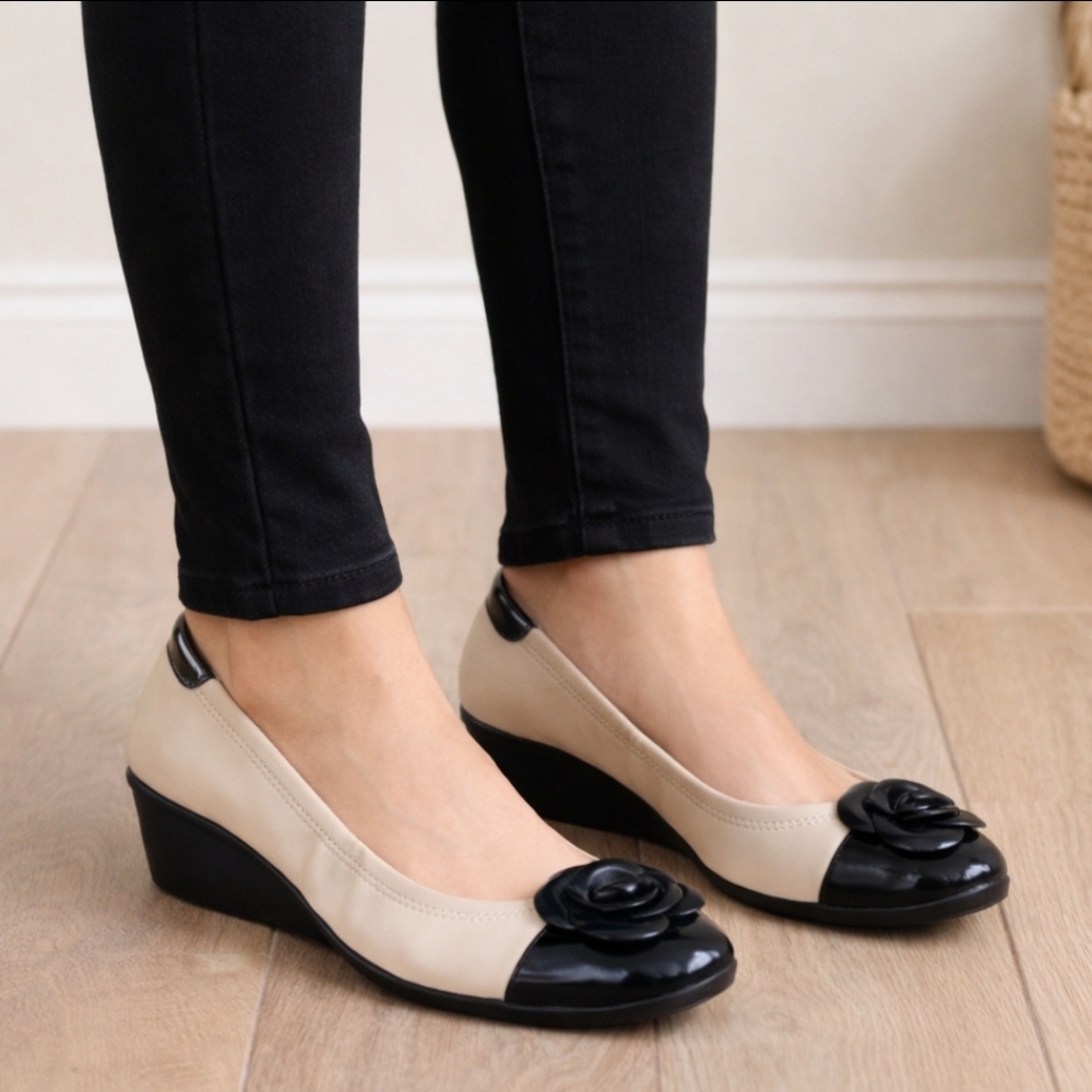 Anne Klein Sport Beige and Black Wedge Pumps with Floral Accent